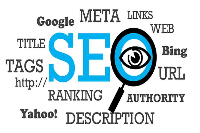 On-page SEO elements word cloud including meta tags, title, URL, authority, ranking, and description for roofing websites