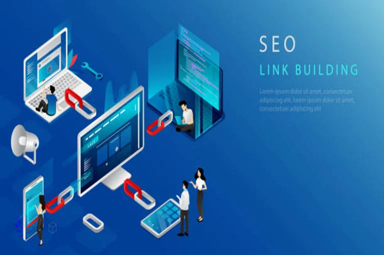 Isometric illustration of SEO link building connecting multiple devices and websites for a Canadian roofing business