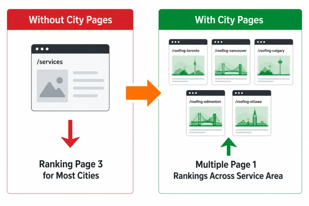 Comparison infographic showing how city-specific SEO pages help roofing companies rank higher across multiple Canadian cities