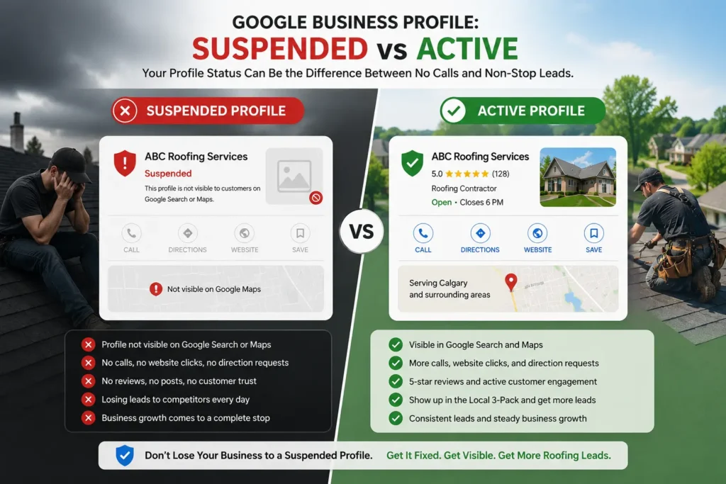 Comparison between suspended and active Google Business Profile for a roofing company showing impact on Google Maps visibility and local leads
