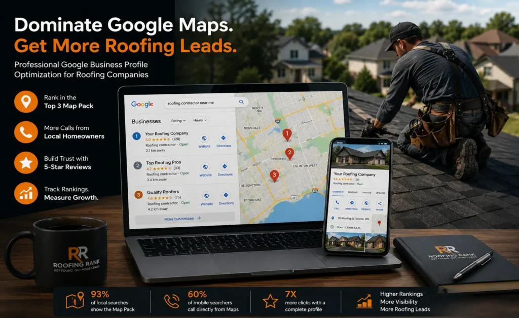 Roofing contractor improving local Google Maps visibility with Google Business Profile management and local SEO strategy