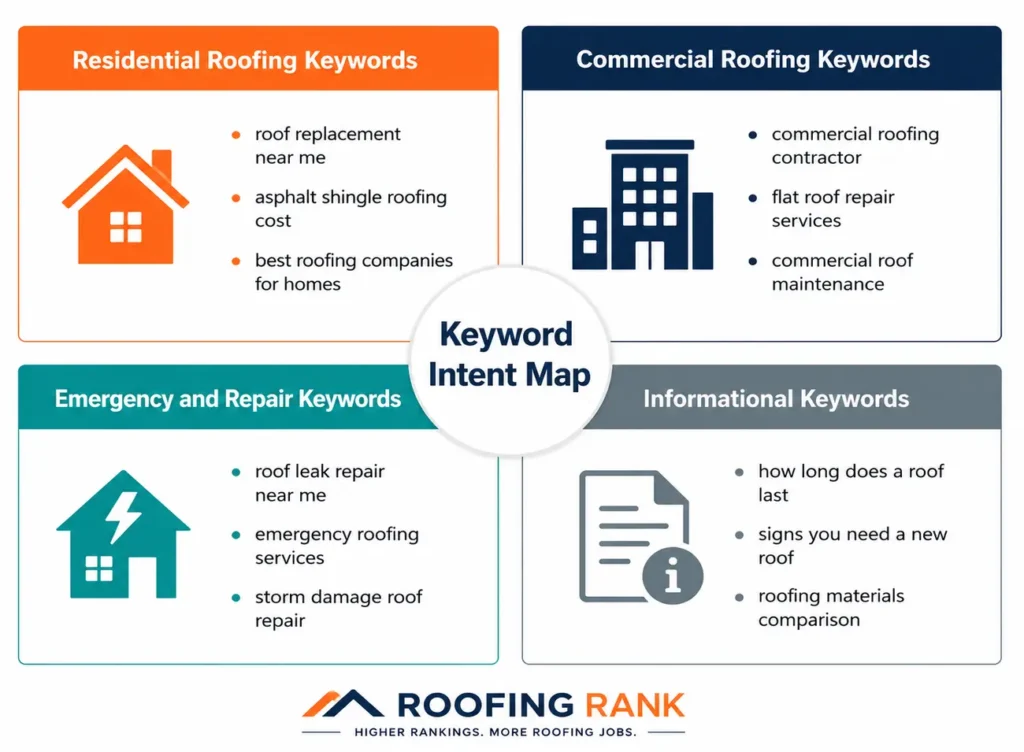Four types of roofing SEO keywords by search intent — residential, commercial, repair, informational