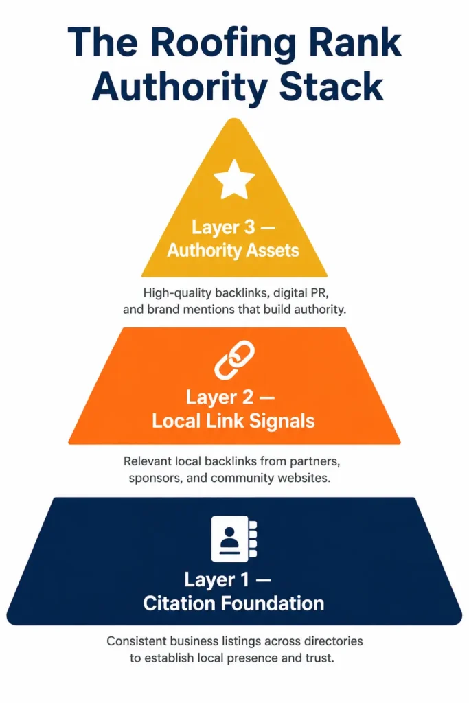 Roofing Rank Authority Stack — three-layer link building and citation framework for roofers