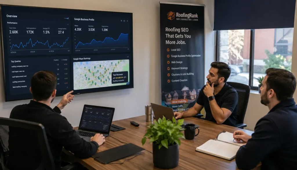 Roofing Rank SEO team in a modern office reviewing roofing SEO analytics and Google Maps ranking data in Canada