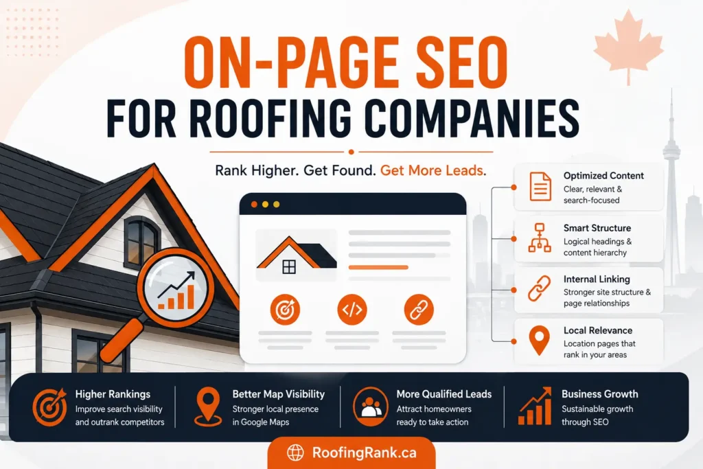  Infographic outlining on-page SEO services for Canadian roofing companies, showcasing local map visibility, optimized content, and website structure.