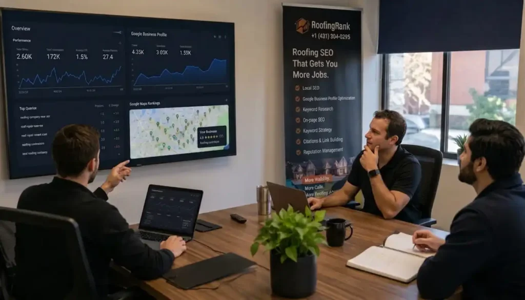 Roofing Rank SEO Team discussing Winnipeg Roofing Company Project Audit and Growth roadmap