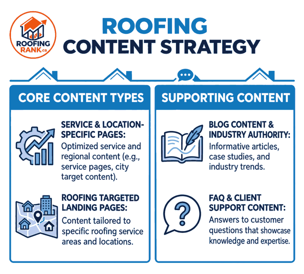 Infographic showing four roofing content types: service pages, location pages, blog content, and FAQ content